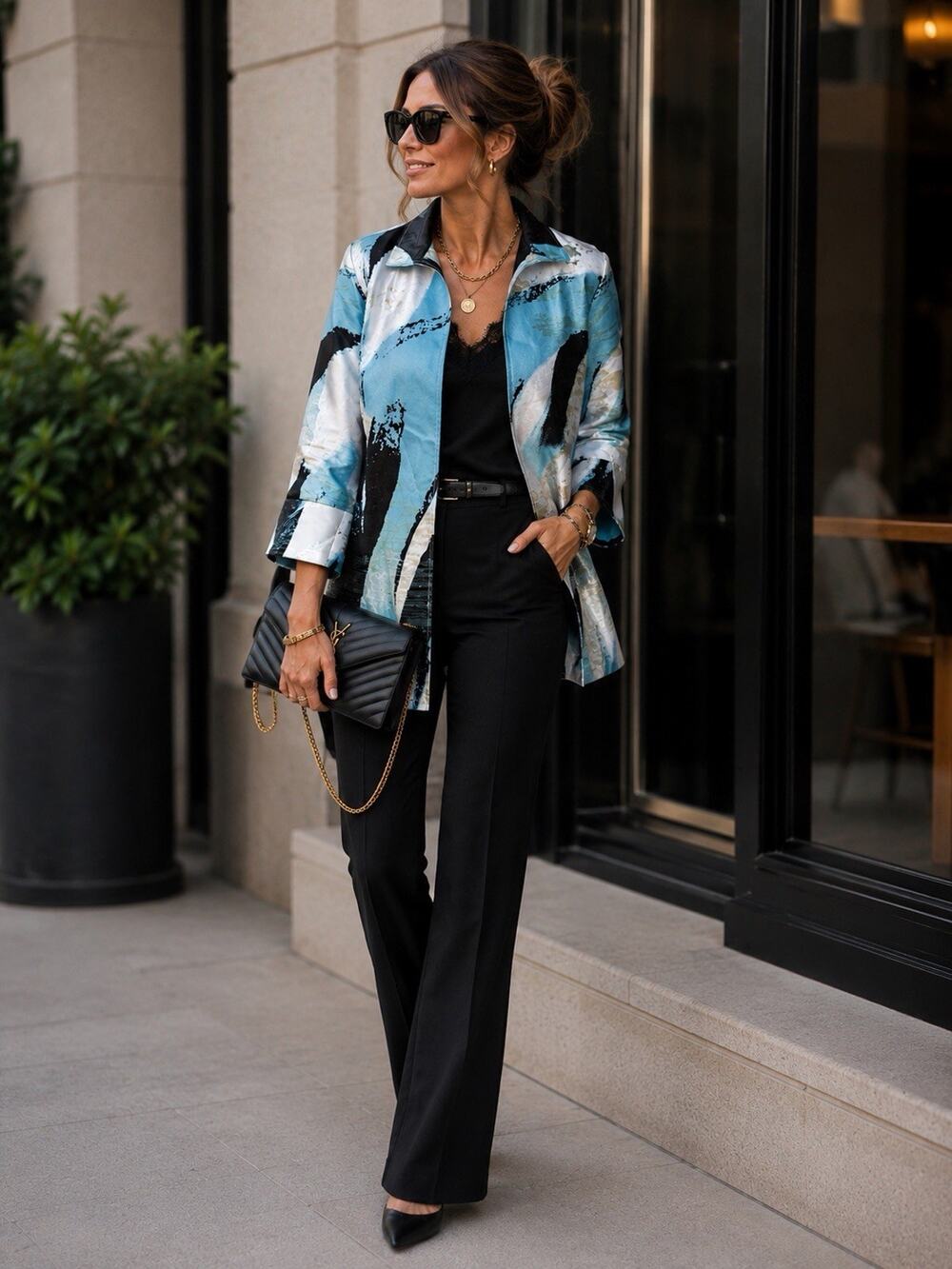 Ming Wang Metallic Abstract Brushstroke Blue Black Silver 3/4 Sleeve Jacket M